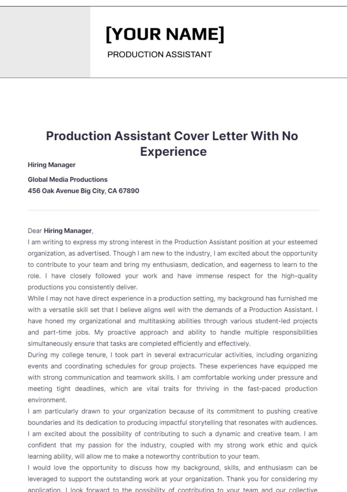 Production Assistant Cover Letter With No Experience - Edit Online & Download