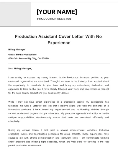Free Production Assistant Cover Letter With No Experience to Edit Online