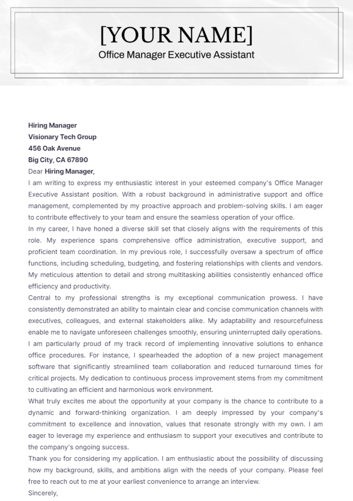 Office Manager Executive Assistant Cover Letter - Edit Online & Download