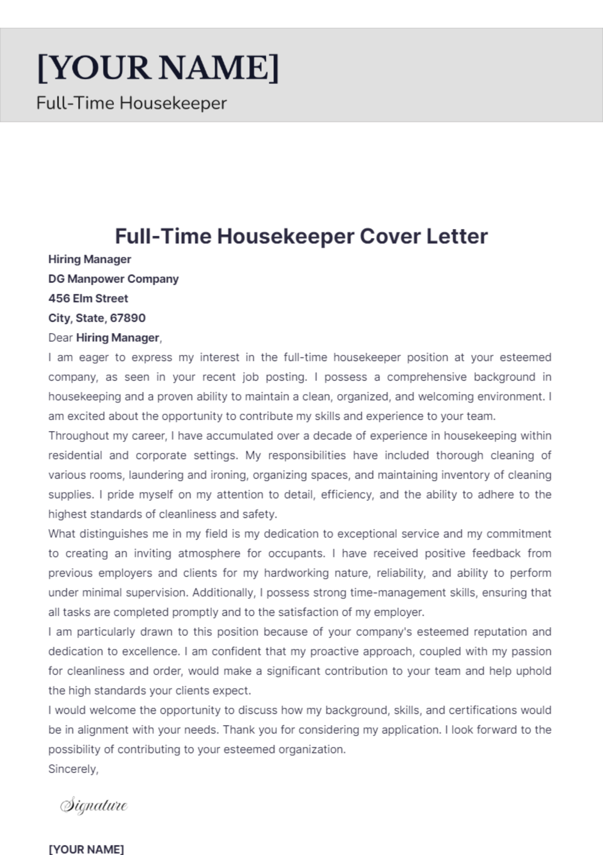 Full-Time Housekeeper Cover Letter - Edit Online & Download