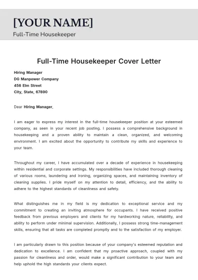 Free Full-Time Housekeeper Cover Letter to Edit Online