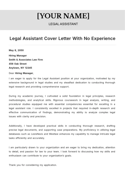 Free Legal Assistant Cover Letter With No Experience to Edit Online