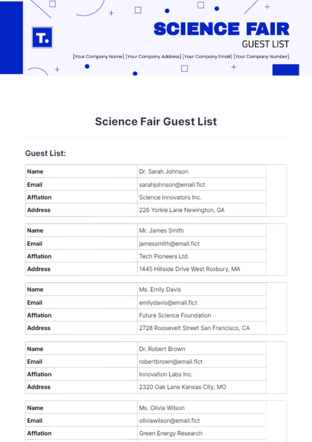 Science Fair Guest List Template