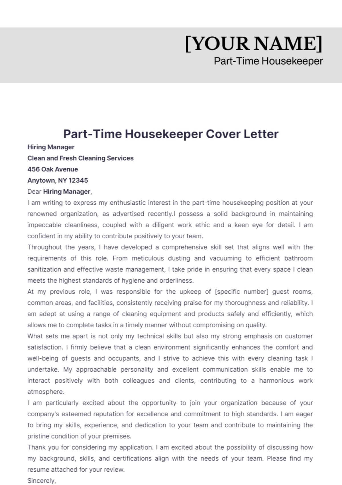 Part-Time Housekeeper Cover Letter - Edit Online & Download