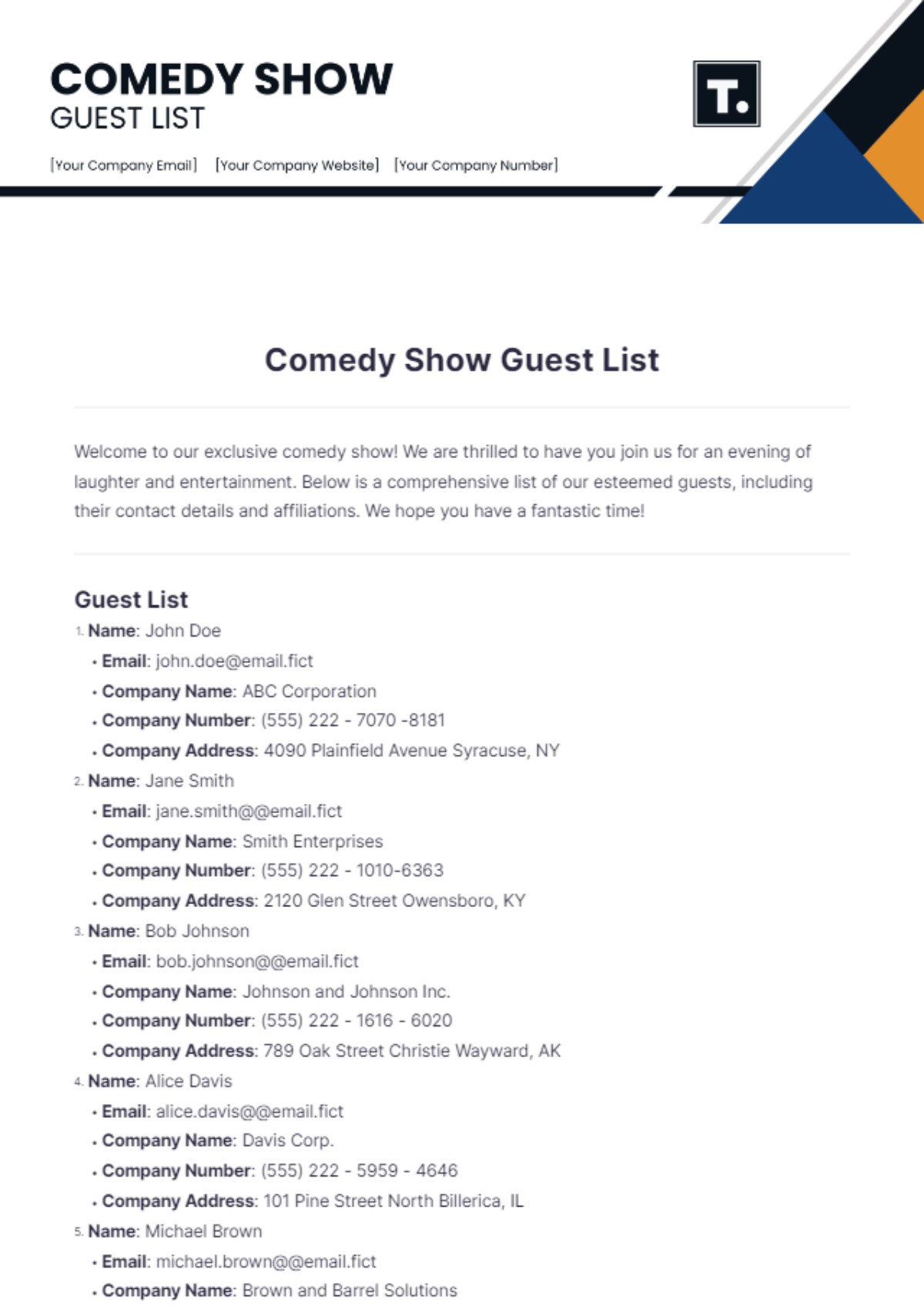 Comedy Show Guest List Template - Edit Online & Download