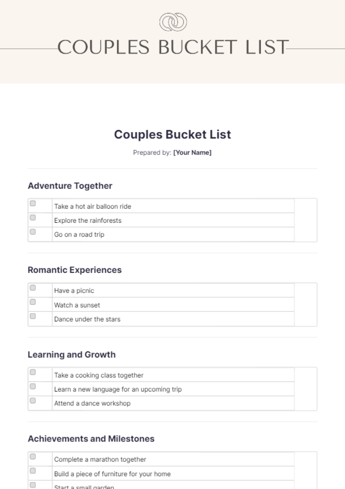 Couples Bucket List Template