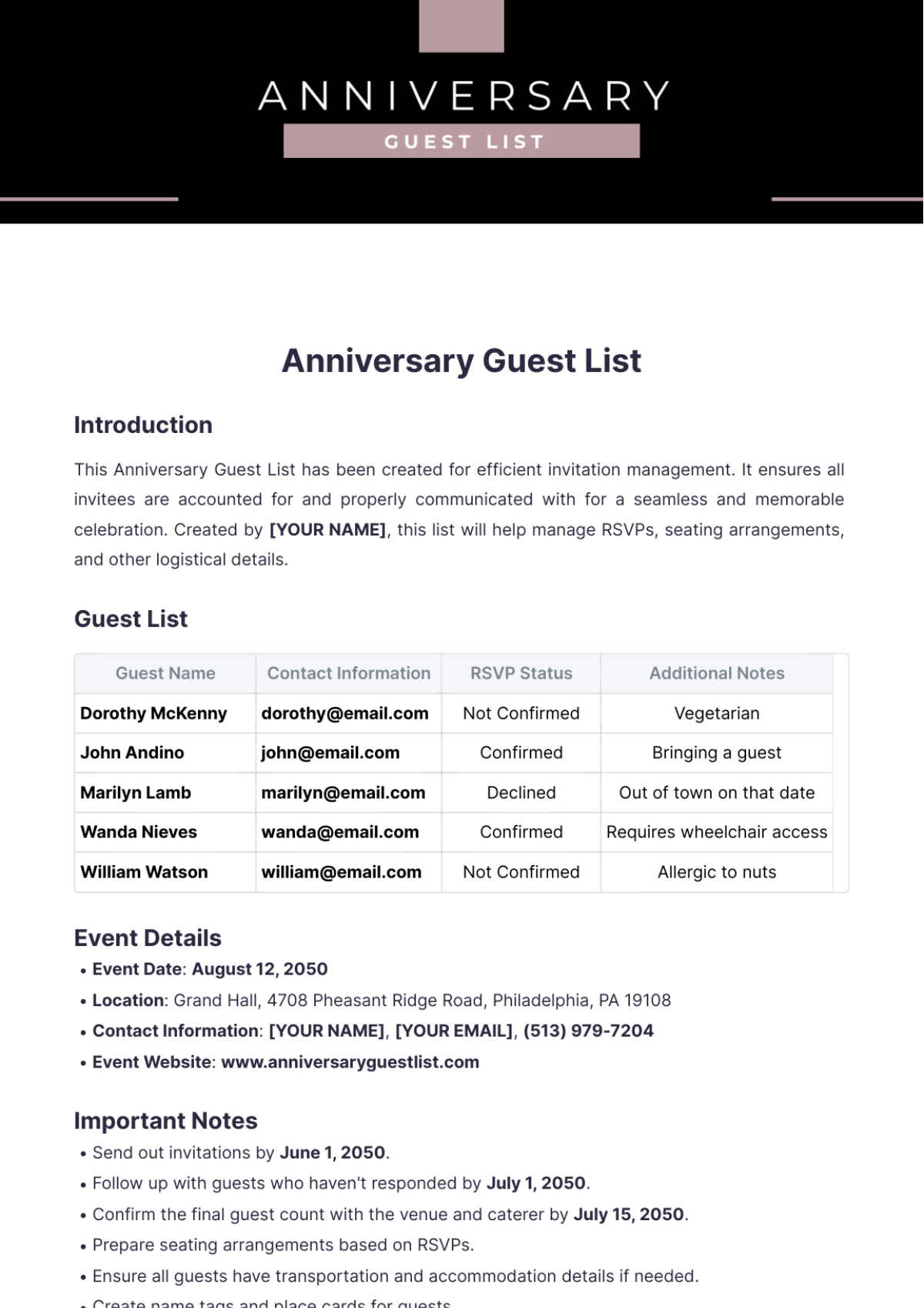 Anniversary Guest List Template - Edit Online & Download