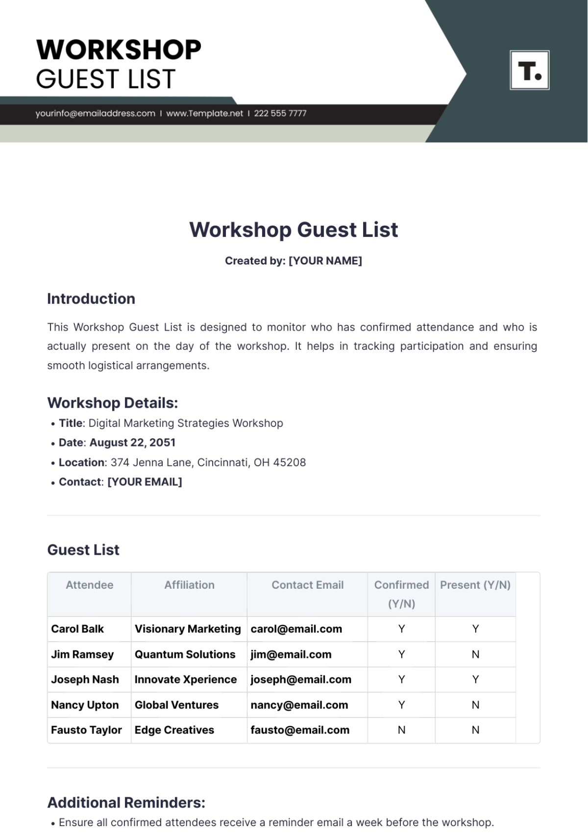 Workshop Guest List Template - Edit Online & Download