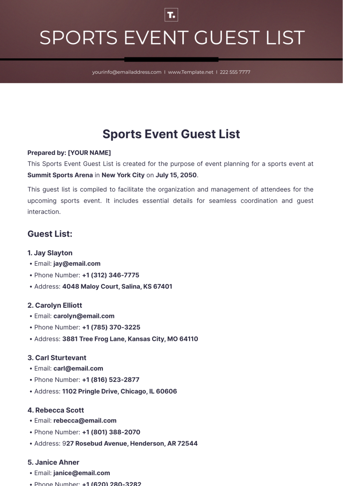 Sports Event Guest List Template