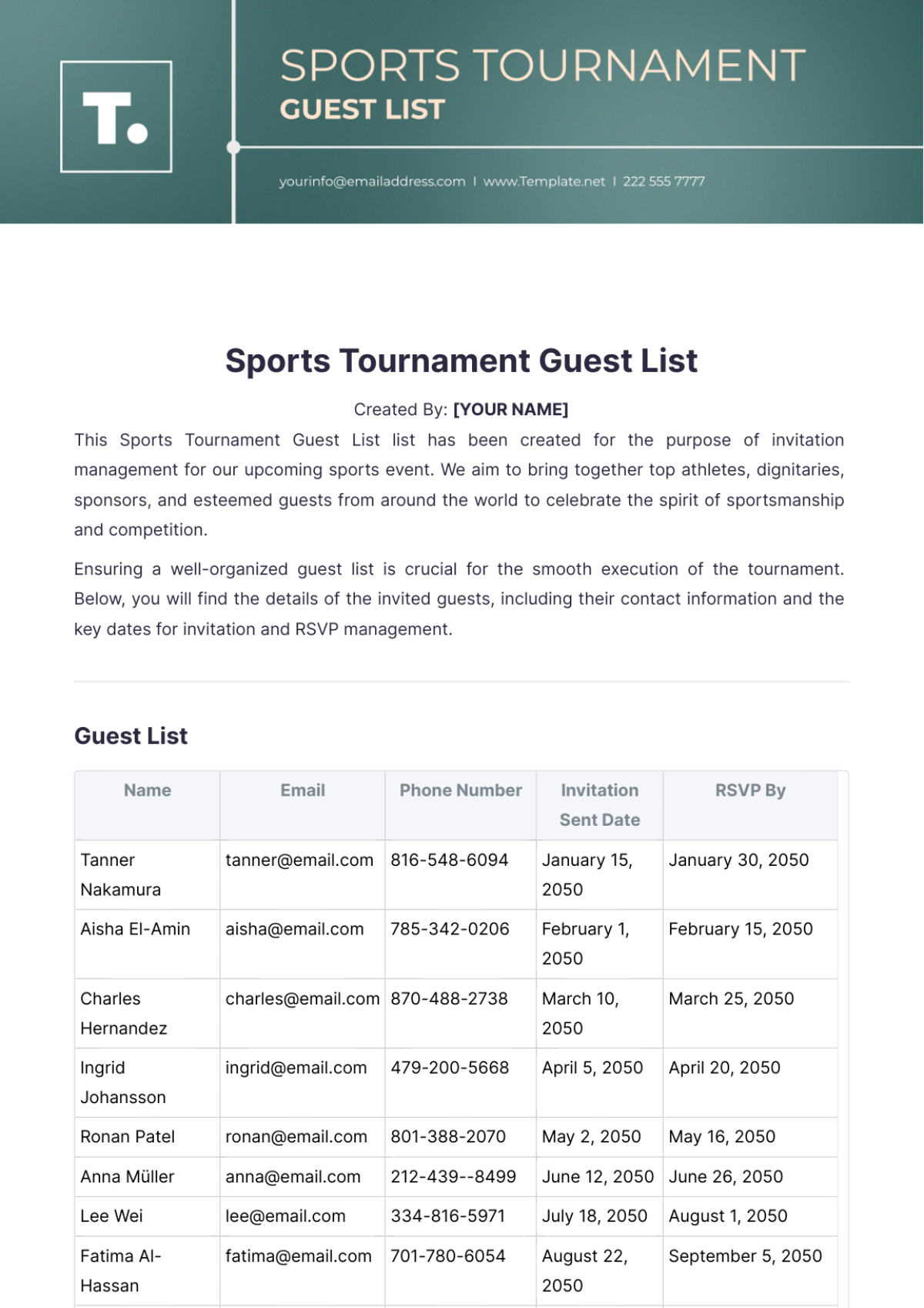 Sports Tournament Guest List Template