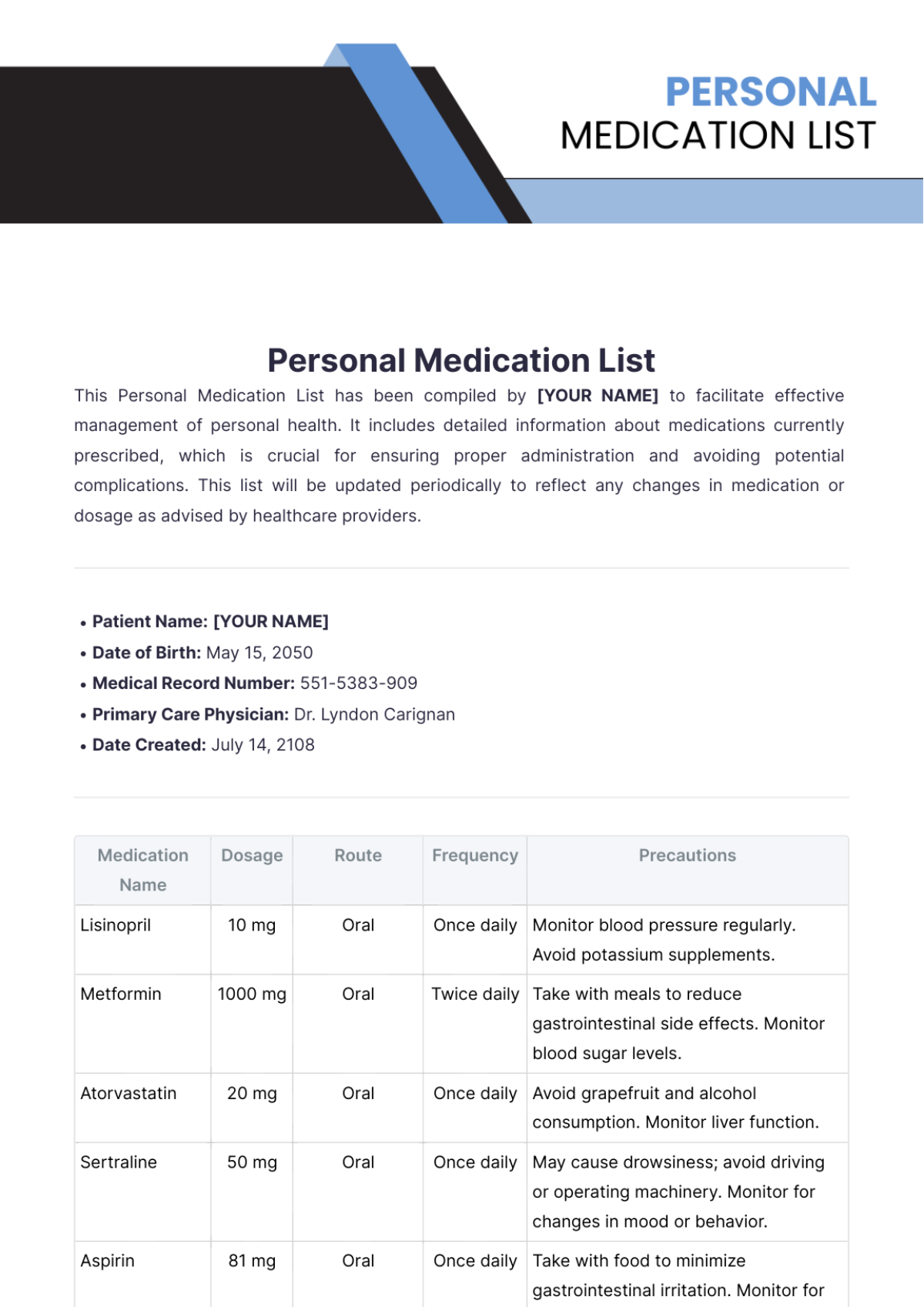 Personal Medication List Template