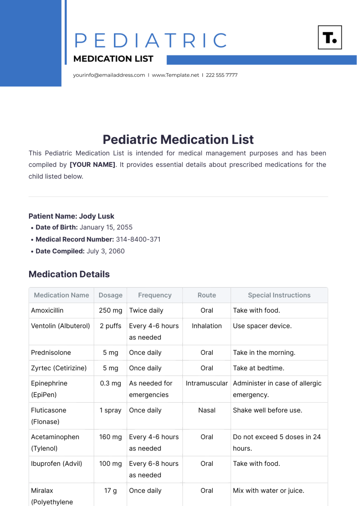 Pediatric Medication List Template