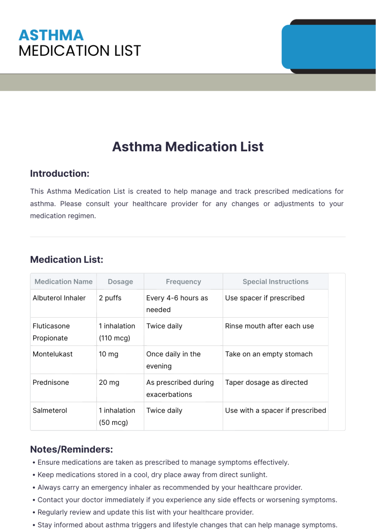 Asthma Medication List Template