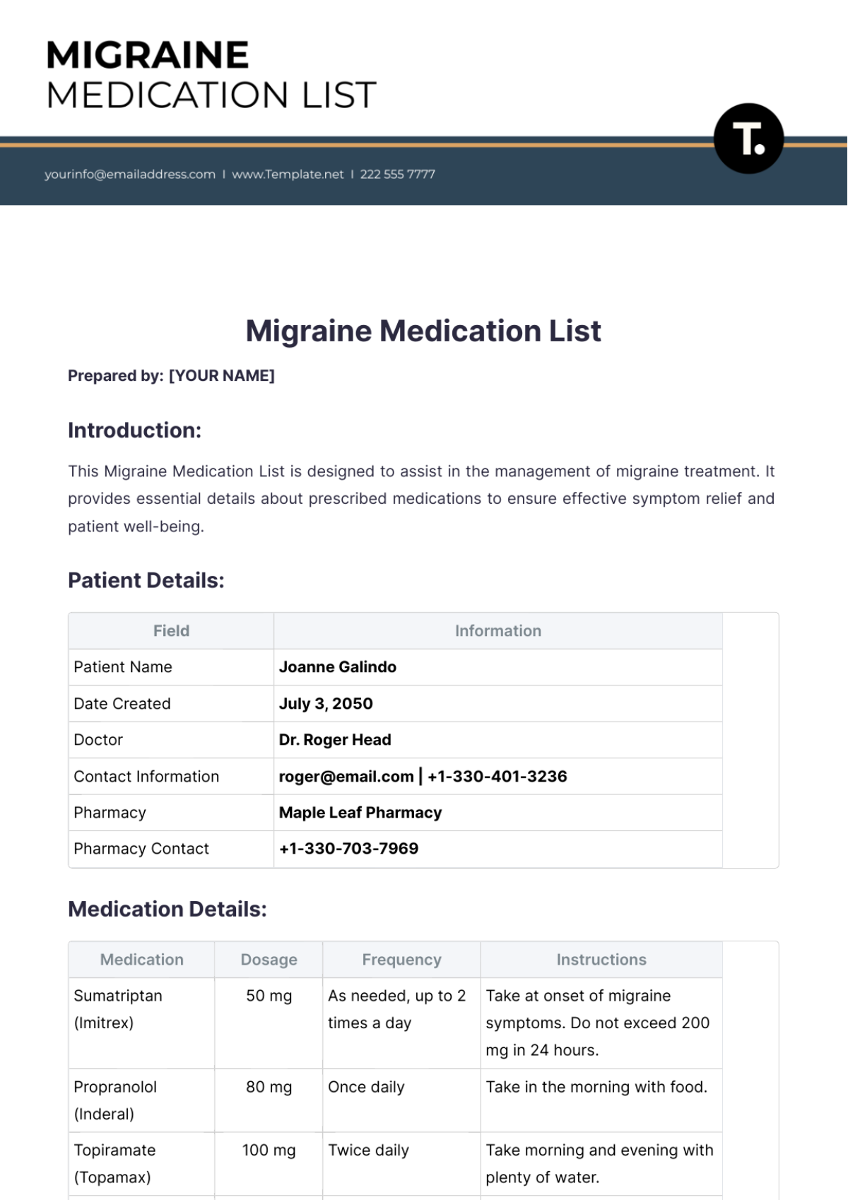 Migraine Medication List Template - Edit Online & Download