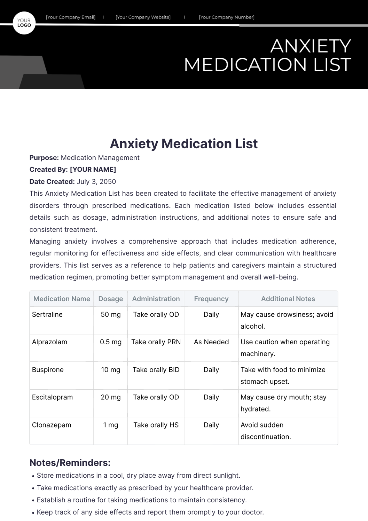 Anxiety Medication List Template - Edit Online & Download