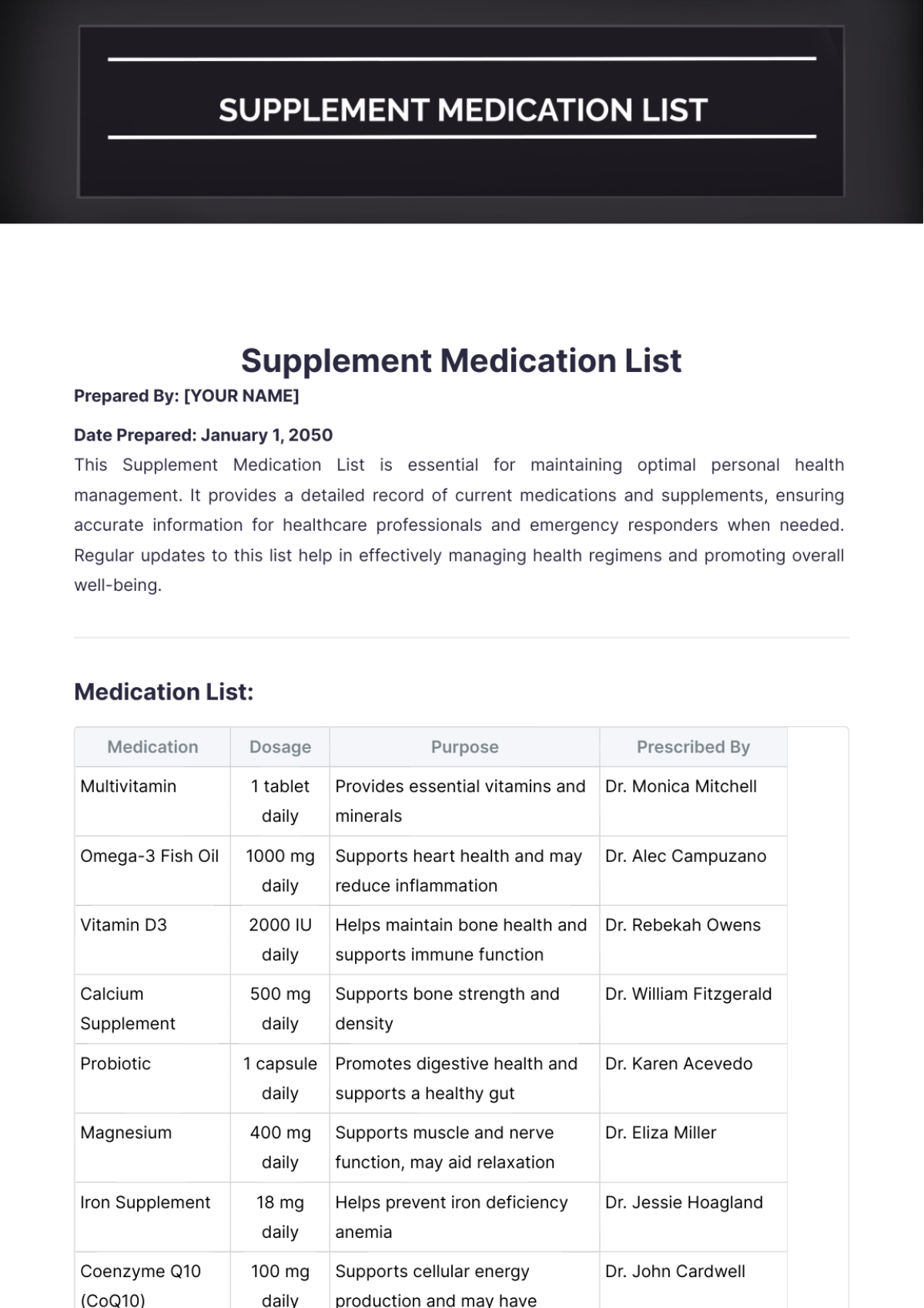 Supplement Medication List Template