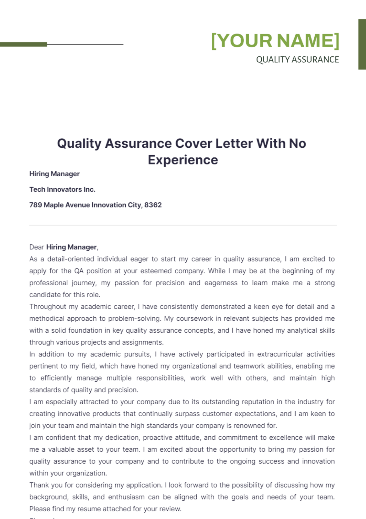 Quality Assurance Cover Letter With No Experience - Edit Online & Download