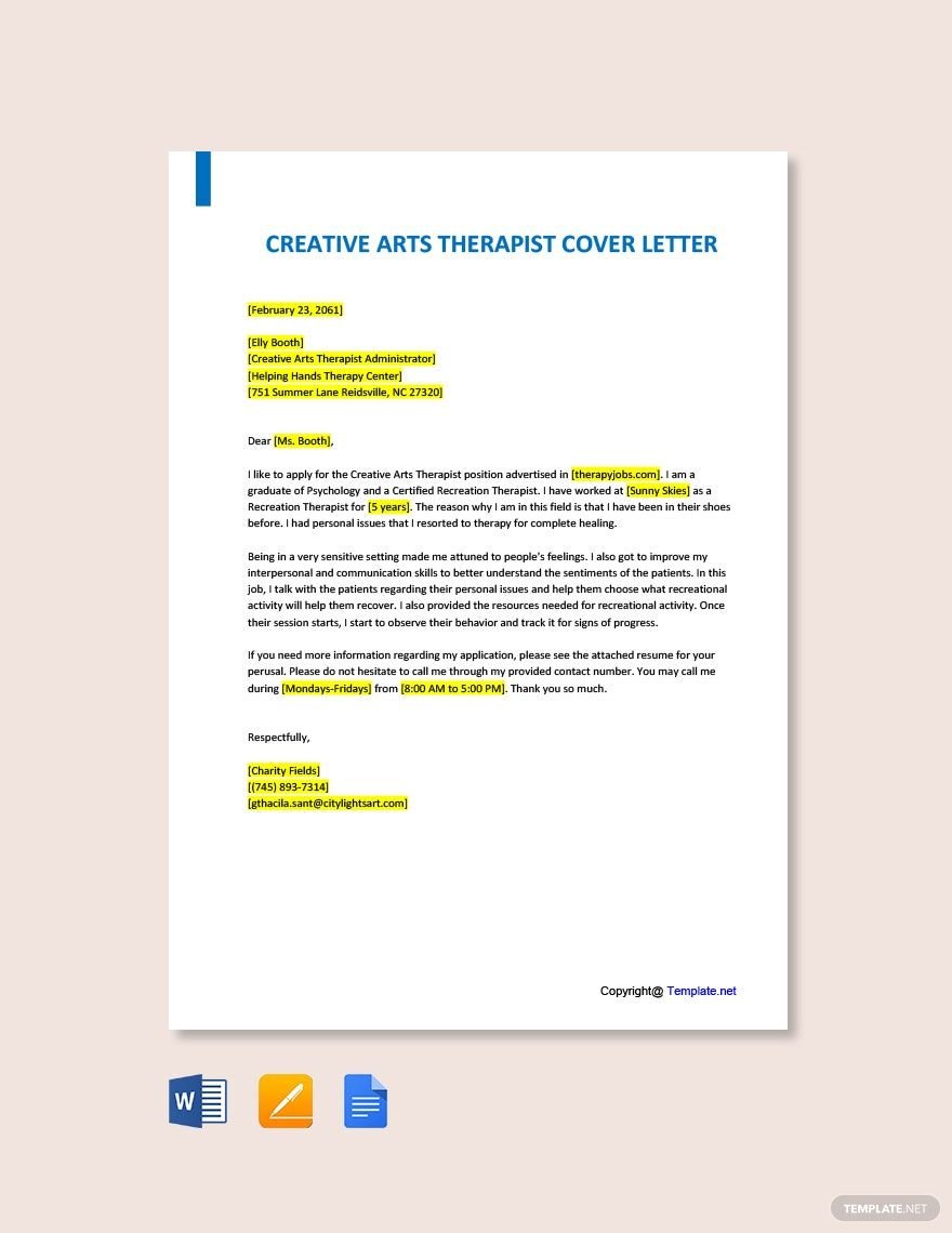 Free Creative Arts Therapist Cover Letter Template