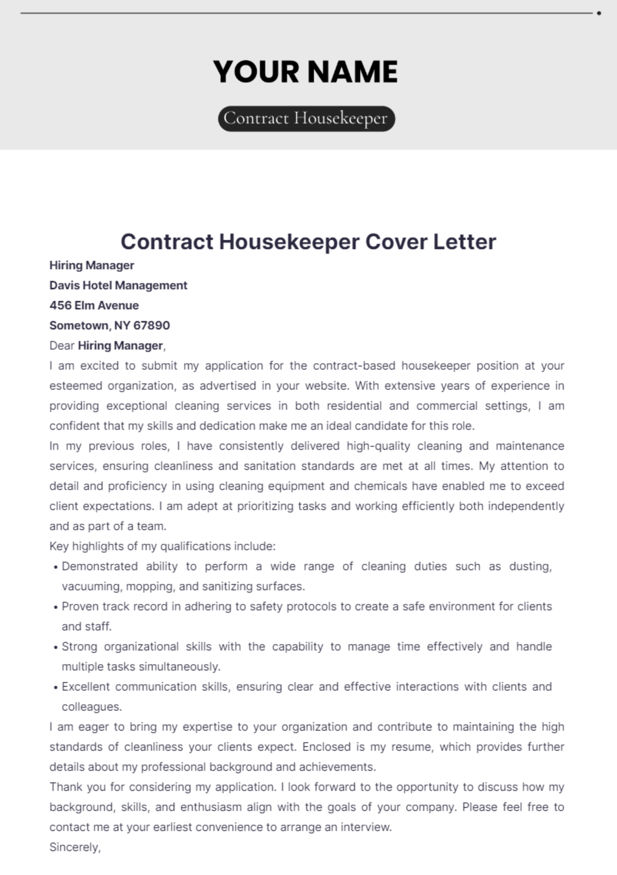 Contract Housekeeper Cover Letter - Edit Online & Download