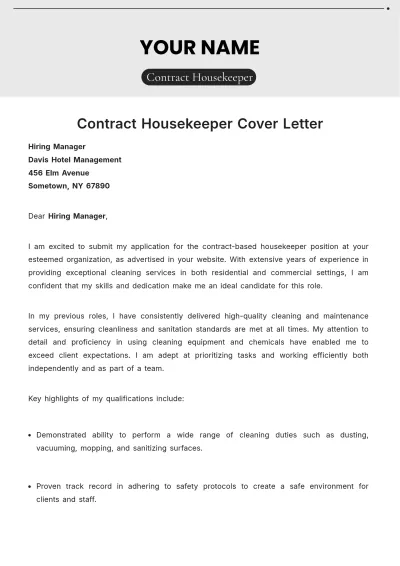 Free Contract Housekeeper Cover Letter to Edit Online