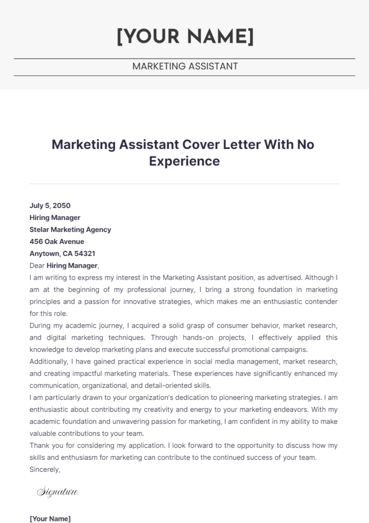 Marketing Assistant Cover Letter With No Experience - Edit Online & Download