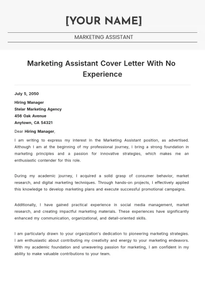 Free Marketing Assistant Cover Letter With No Experience to Edit Online