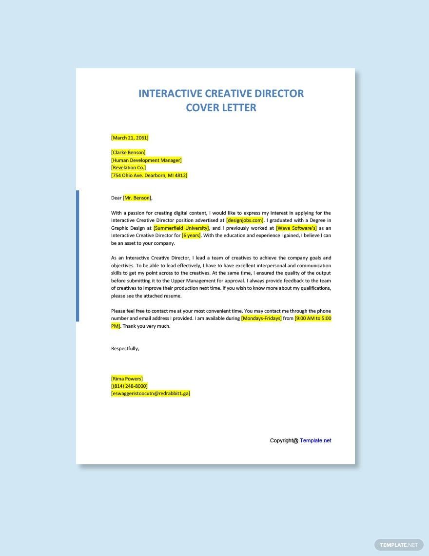 Interactive Creative Director Cover Letter Template