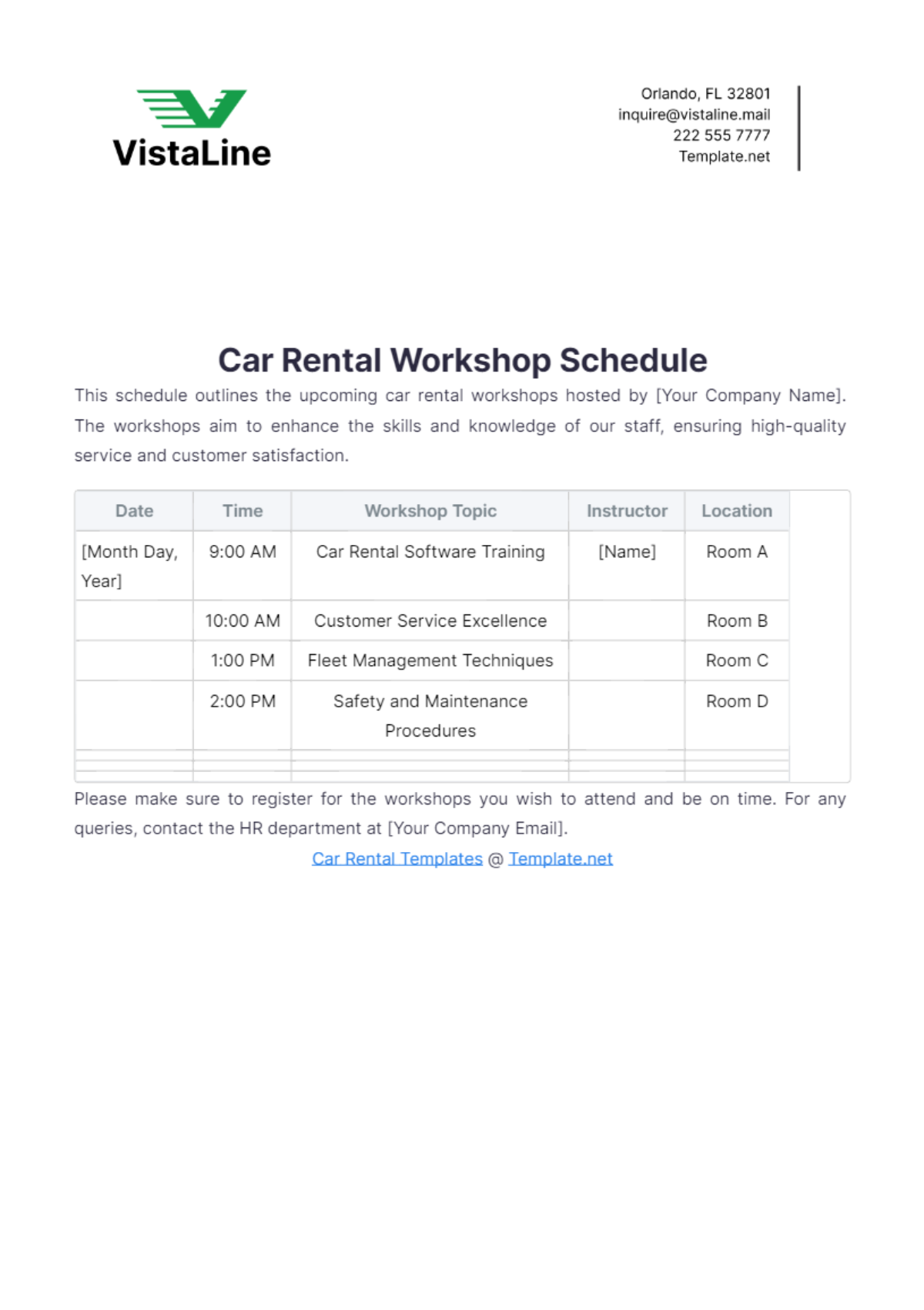 Car Rental Workshop Schedule Template - Edit Online & Download