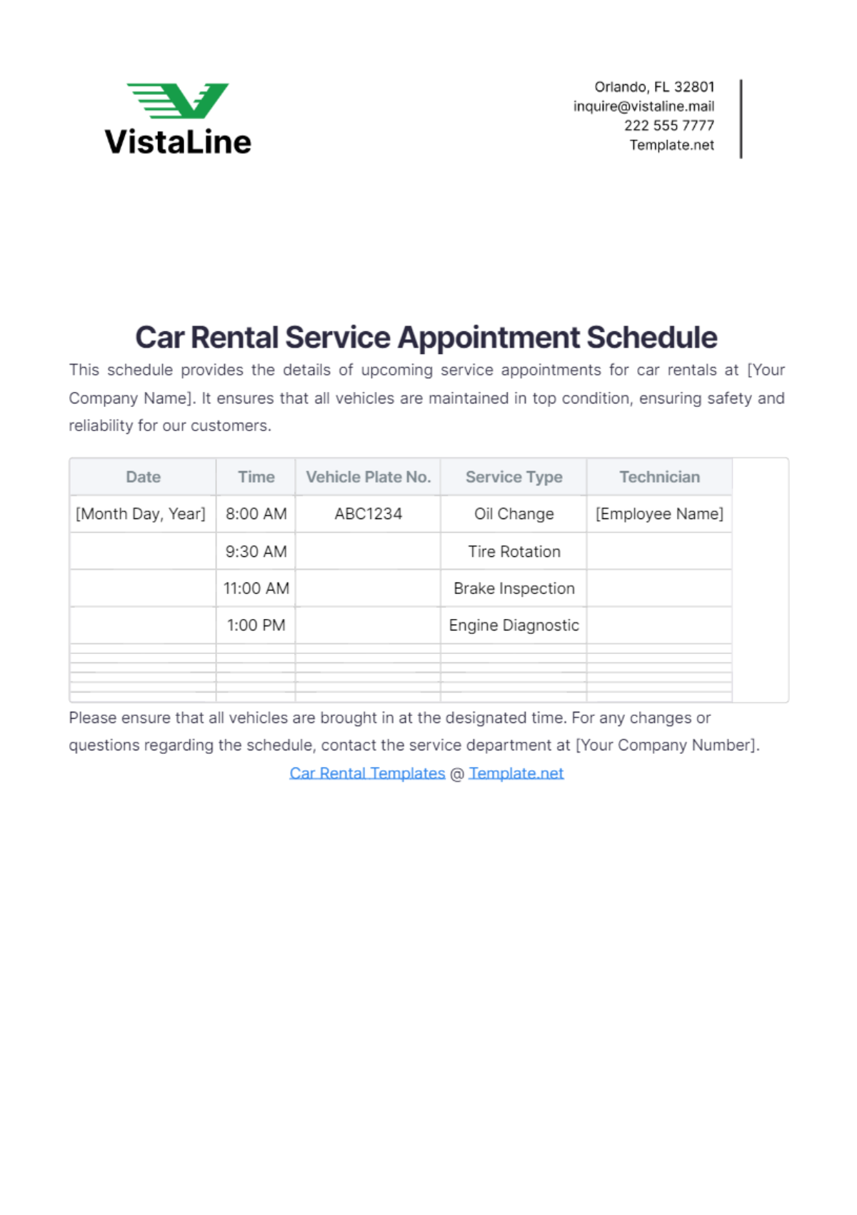 Car Rental Service Appointment Schedule Template - Edit Online & Download