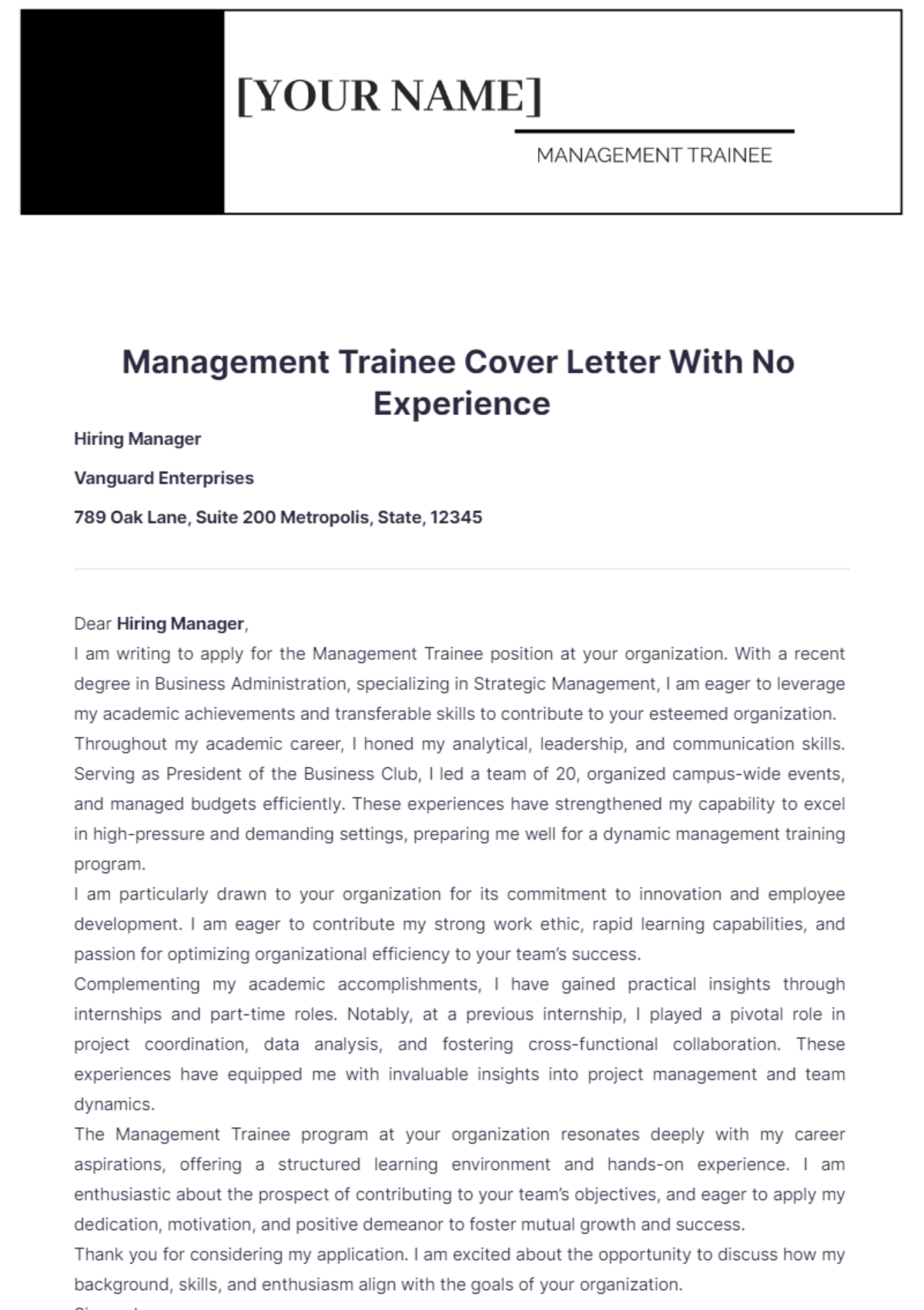 management trainee cover letter with no experience