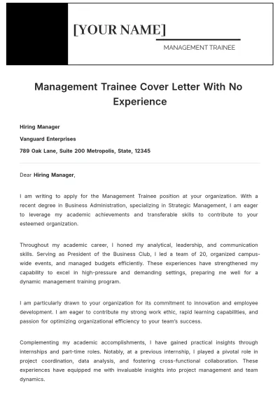Free Management Trainee Cover Letter With No Experience to Edit Online