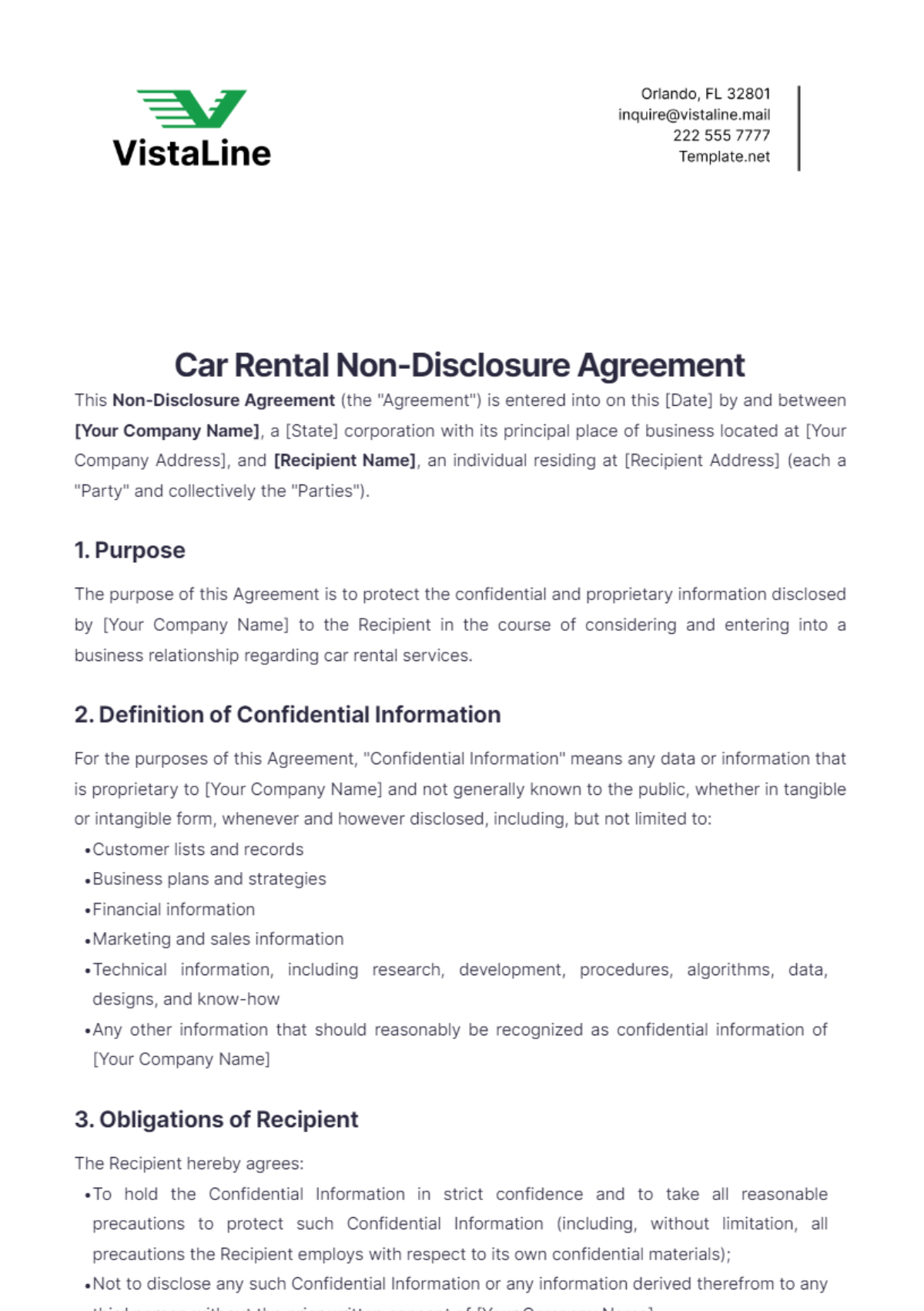 Car Rental Non-Disclosure Agreement Template - Edit Online & Download