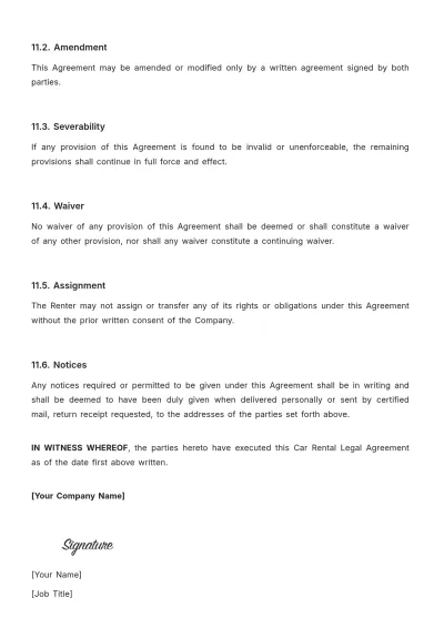 Free Car Rental Legal Agreement Template to Edit Online