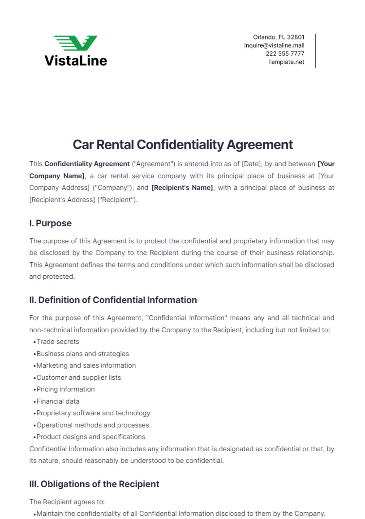 Car Rental Confidentiality Agreement Template - Edit Online & Download