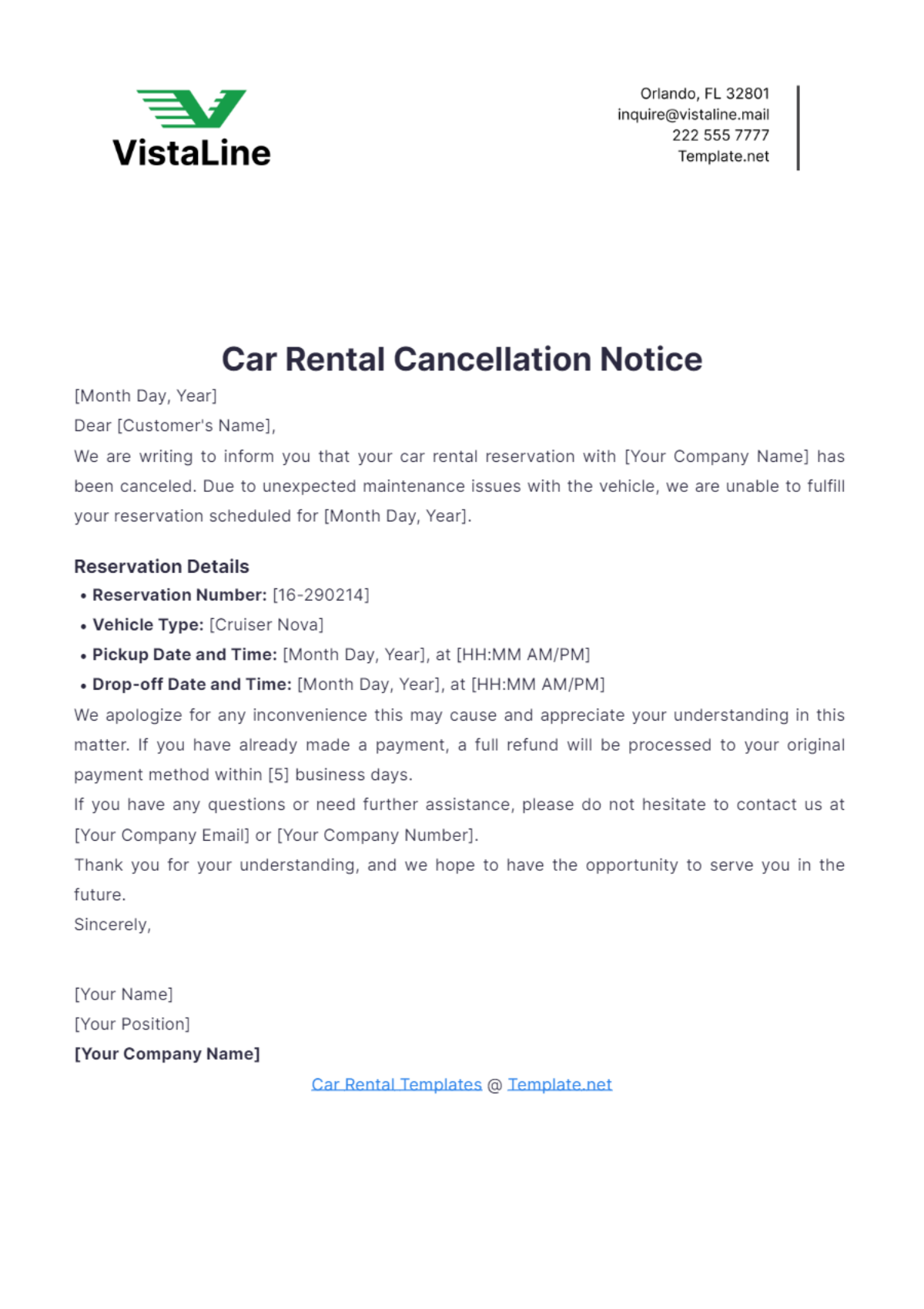 Car Rental Cancellation Notice Template - Edit Online & Download