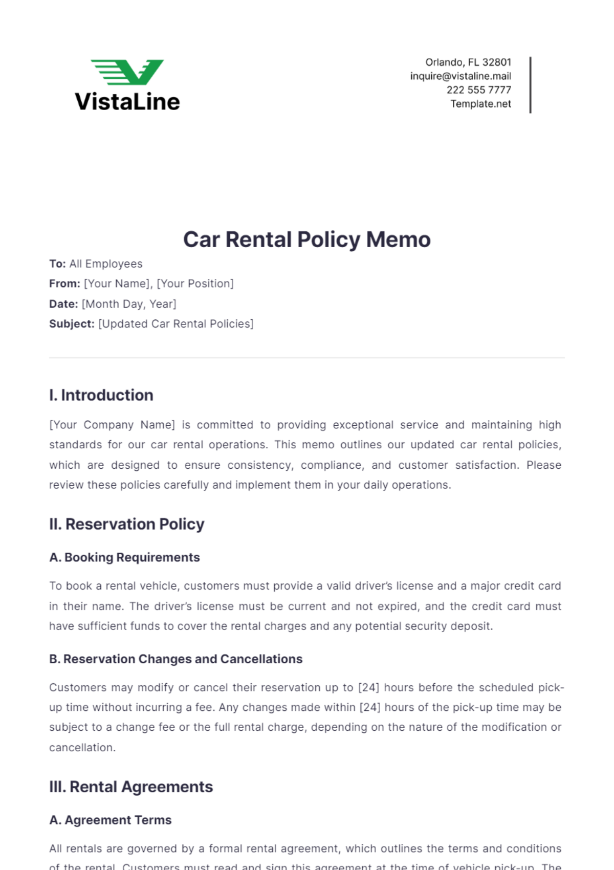 Car Rental Policy Memo Template - Edit Online & Download