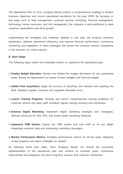 Free Car Rental Operational Plan Template to Edit Online