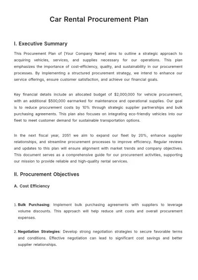 Free Car Rental Procurement Plan Template to Edit Online
