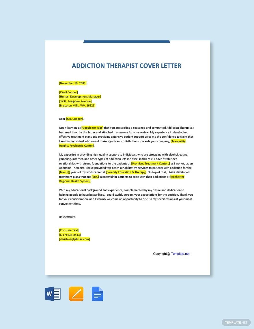 Addiction Therapist Cover Letter Template