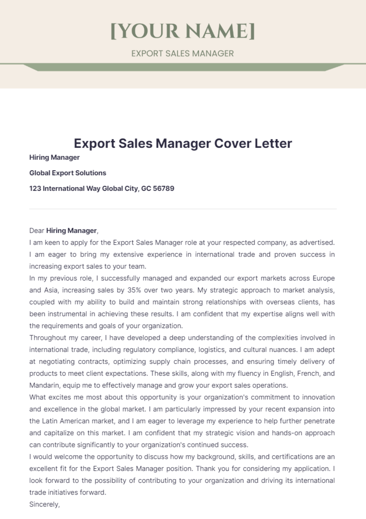 Export Sales Manager Cover Letter