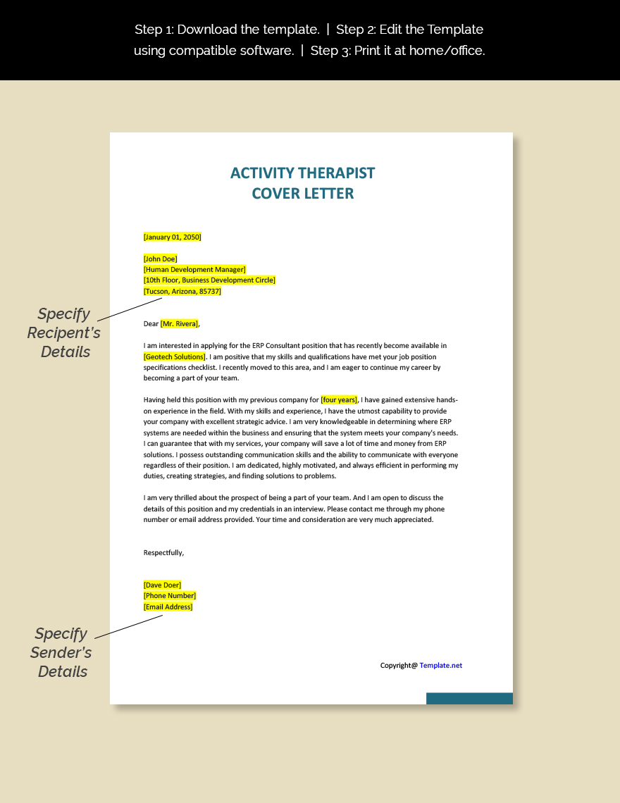 Activity Therapist Cover Letter Template