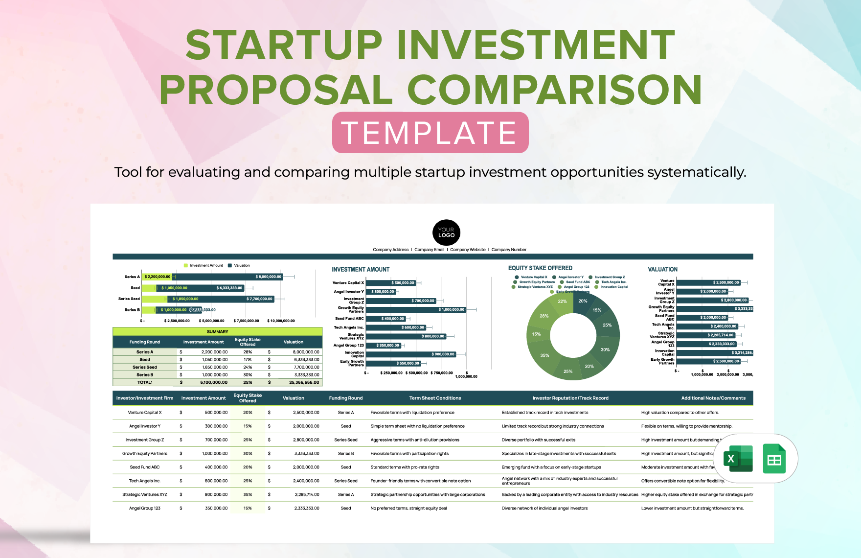 Startup Investment Proposal Comparison Template in Excel, Google Sheets
