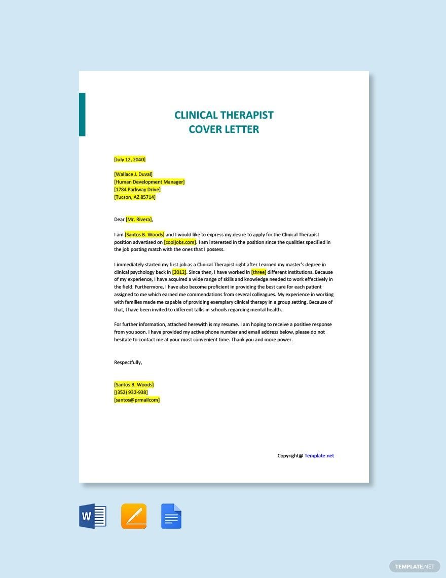 Clinical Therapist Cover Letter Template