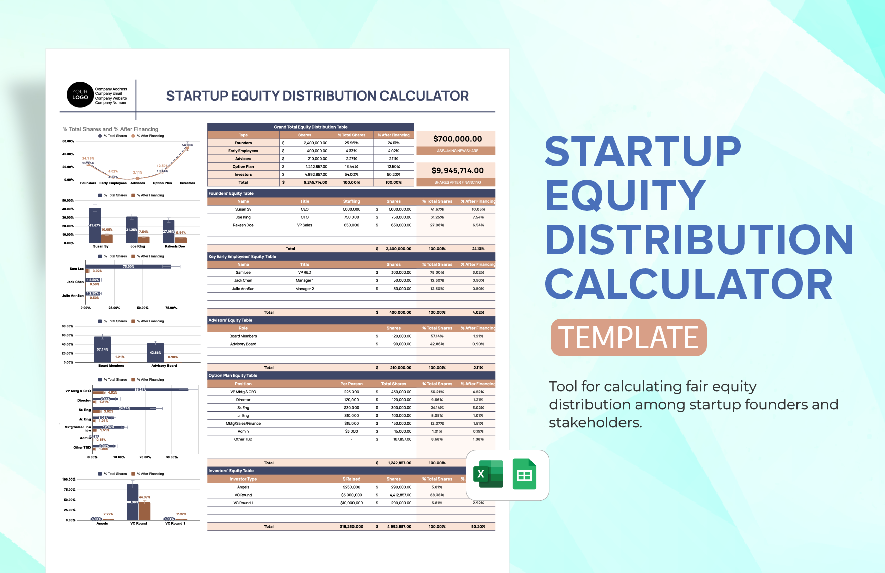 Startup Equity Distribution Calculator Template in Excel, Google Sheets - Download | Template.net