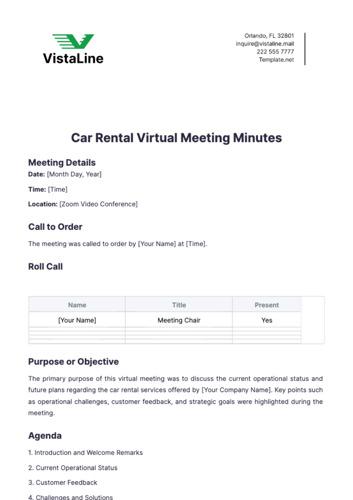 Car Rental Virtual Meeting Minutes Template