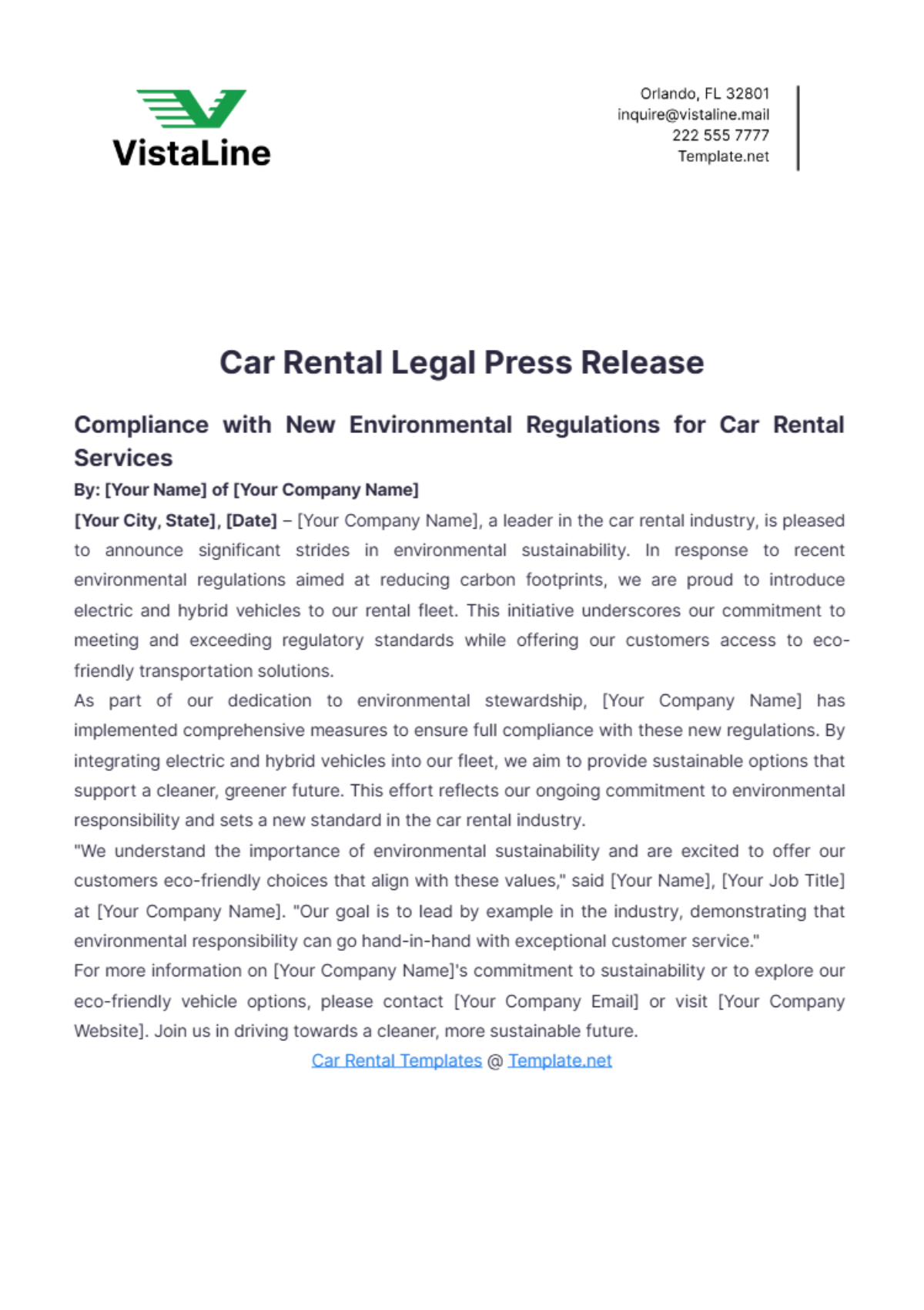 Car Rental Legal Press Release Template - Edit Online & Download