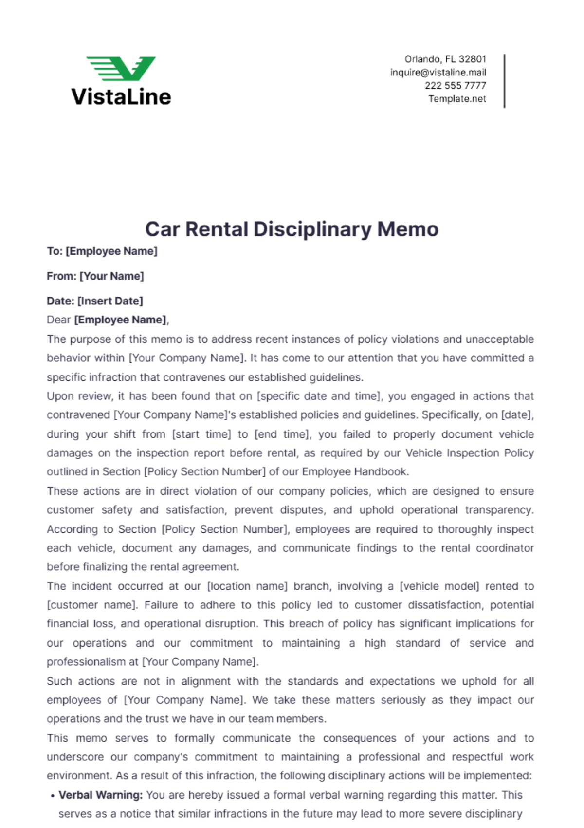 Car Rental Disciplinary Memo Template - Edit Online & Download