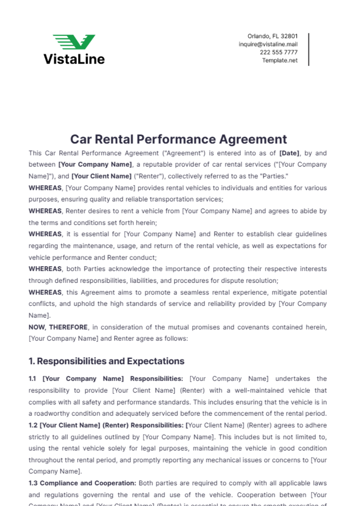 Car Rental Performance Agreement Template - Edit Online & Download