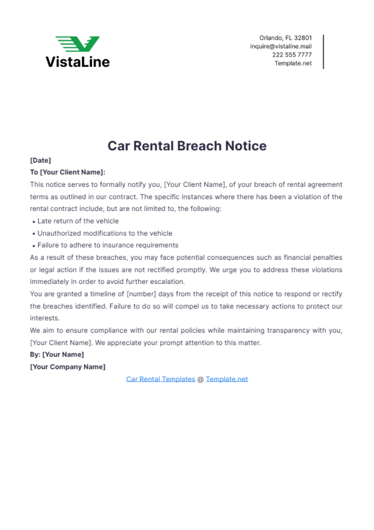 Car Rental Breach Notice Template - Edit Online & Download