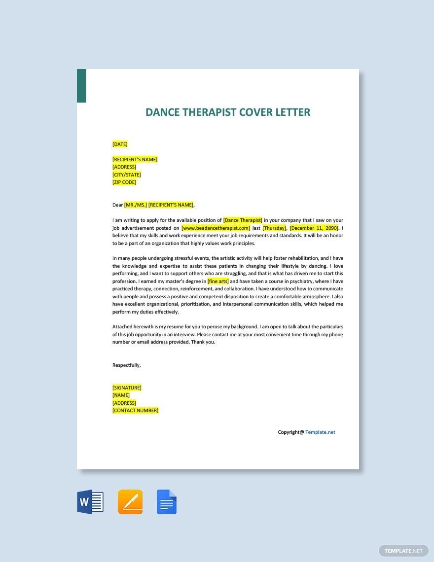 Free Dance Therapist Cover Letter Template